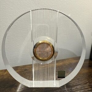 HOYA Lead Crystal Desk Mantle Clock Round Carved Glass Deco Gold Tone Bulova